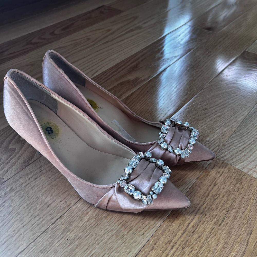 Pink satin diamond heels